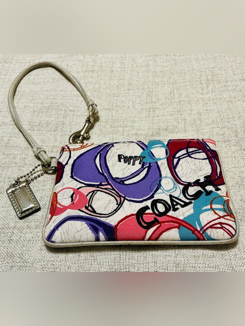 Coach Poppy Graffiti Logo Print Canvas Wristlet Zip Pouch White Multi Excellent - Picture 5 of 7